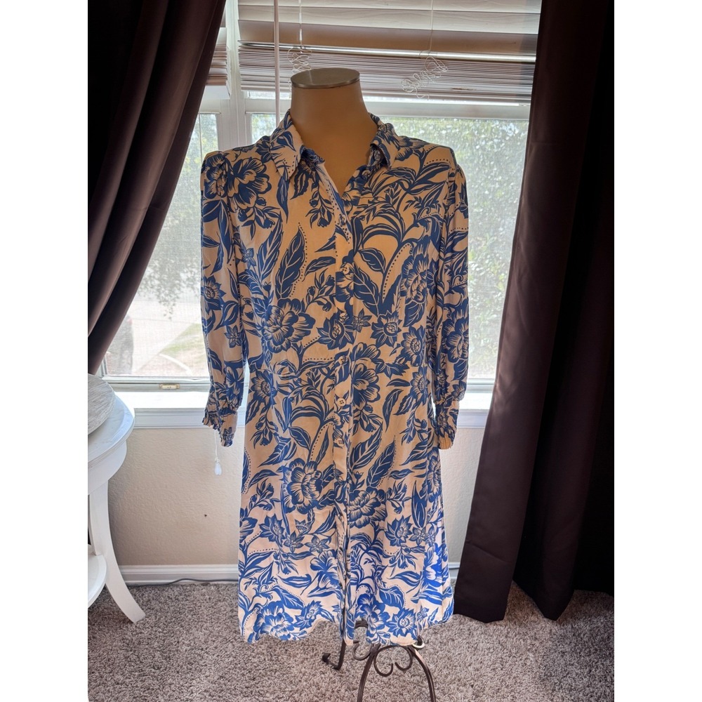 Blue Floral Button Down Shirt Dress Smocked Cuff Elastic Waist Midi Blue Cream - Picture 2 of 7